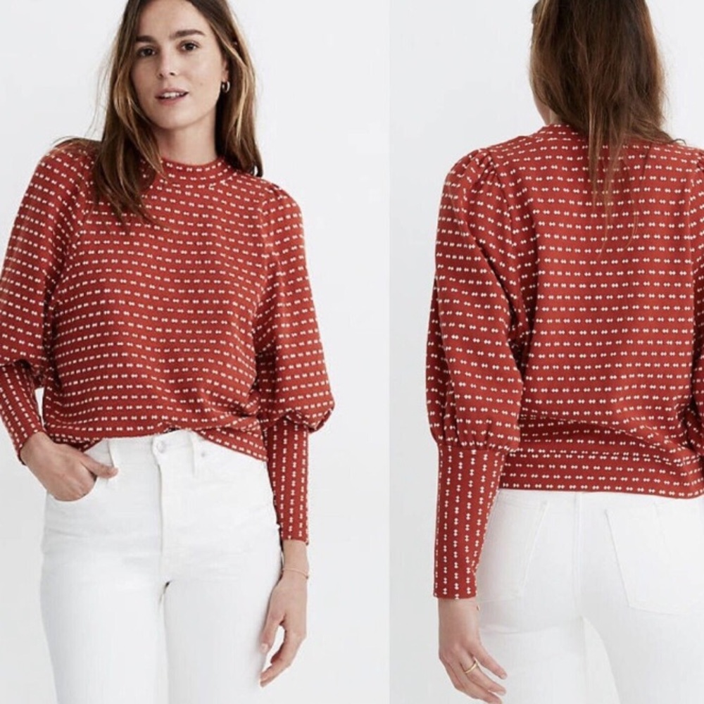 Madewell Puff-Sleeve Mockneck Top in Bow-Tie Jacquard Size XS